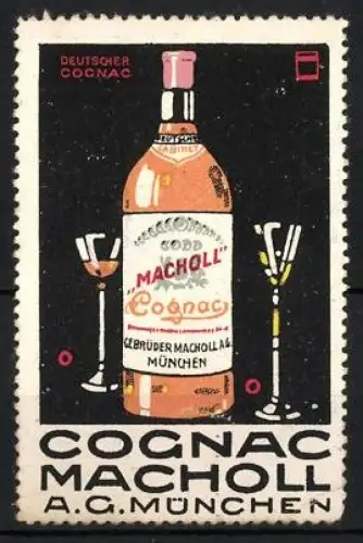 Reklamemarke München, Gebrüder Macholl A. G., Cognac, Flasche mit Gläsern
