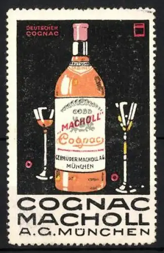 Reklamemarke München, Gebrüder Macholl A. G., Cognac, Flasche und Gläser