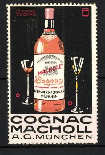 Reklamemarke München, Gebr. Macholl A. G., Deutscher Cognac, Cognacflasche