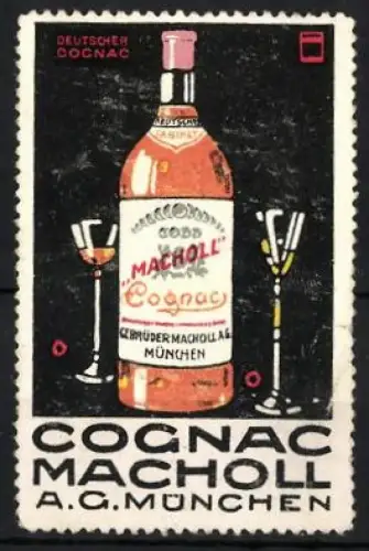 Reklamemarke München, Cognac Macholl, Cognacflasche und Gläser
