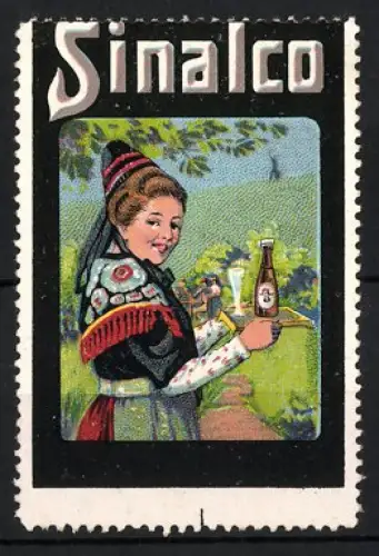 Reklamemarke Sinalco, Frau mit Tracht und Flasche, ländliche Szene