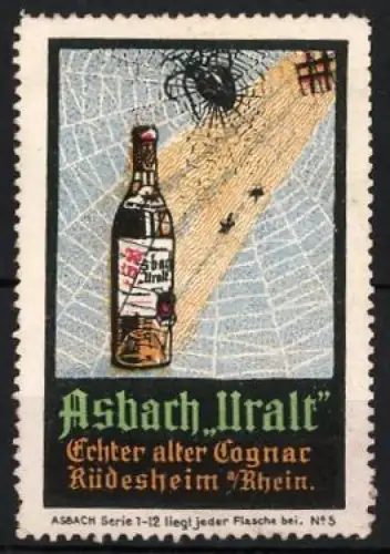 Reklamemarke Rüdesheim am Rhein, Asbach Uralt, Cognacflasche im Spinnennetz