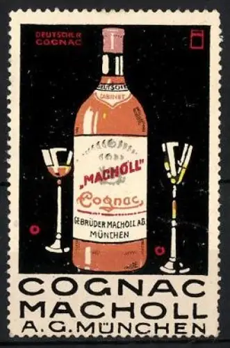 Reklamemarke München, Cognac Macholl, Cognacflasche und Gläser