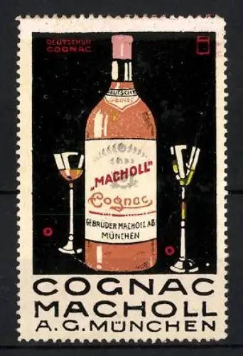Reklamemarke München, Cognac Macholl A. G., Cognacflasche und Gläser