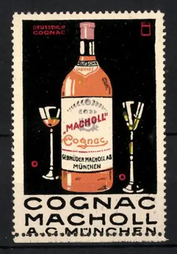 Reklamemarke München, Cognac Macholl, Flasche und Gläser