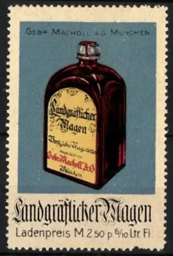 Reklamemarke München, Gebr. Macholl A. G., Landgräflicher Magen, Flasche