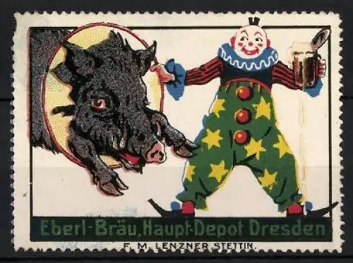 Reklamemarke Dresden, Eberl-Bräu, Clown und Wildschwein