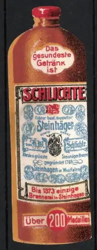 Reklamemarke Schlichte Steinhäger, Schnaps, Flasche mit Etikett
