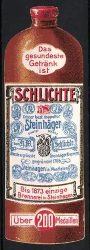 Reklamemarke Schlichte Steinhäger, Schnaps, Flasche mit rotem Deckel