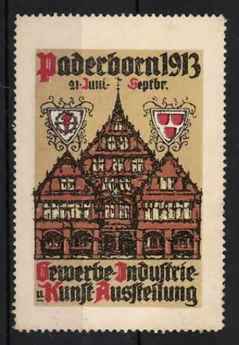 Reklamemarke Paderborn, Gewerbe Industrie u. Kunst Ausstellung 1913, historisches Gebäude