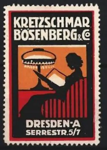 Reklamemarke Dresden, Kretzschmar, Bösenberg & Co, Serrestrasse 5/7, Lesende Frau mit einer Lampe