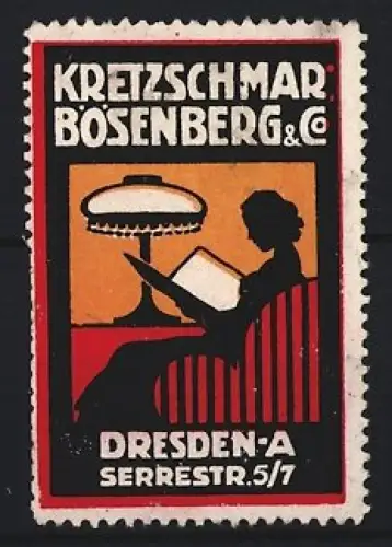 Reklamemarke Dresden, Kretzschmar, Bösenberg & Co, Serrestrasse 5/7, Frau liest unter Lampe