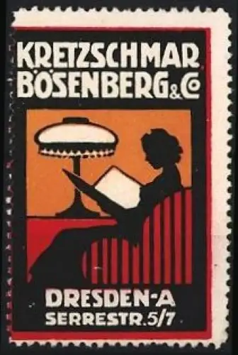 Reklamemarke Dresden, Kretzschmar, Bösenberg & Co, Serrestrasse 5/7, Lesende Frau bei Lampe