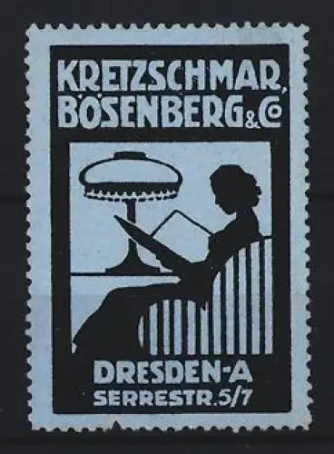 Reklamemarke Dresden, Kretzschmar, Bösenberg & Co, Serrestrasse 5/7, lesende Frau mit Lampe, blau