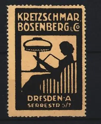 Reklamemarke Dresden, Kretzschmar, Bösenberg & Co, Serrestrasse 5/7, Lesende Frau bei Lampe