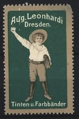 Reklamemarke Dresden, Aug. Leonhardi, Tinten u. Farbbänder, Junge mit Hut und Tintenfass