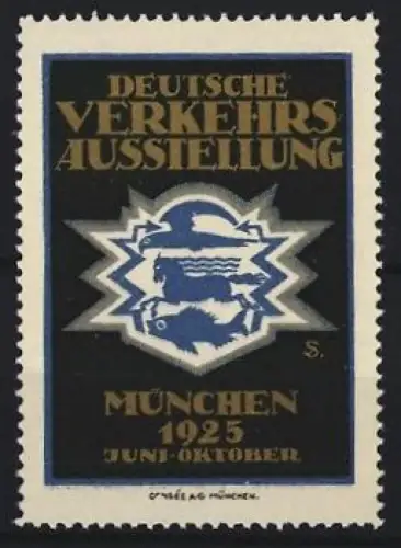 Künstler-Reklamemarke Sigmund von Suchodolski, München, Deutsche Verkehrs Ausstellung 1925, Pferd, Fisch und Vogel