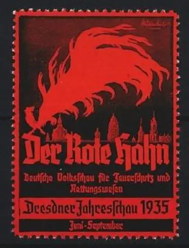 Reklamemarke Dresden, Der Rote Hahn, Ausstellung für Feuerschutz und Rettungswesen 1935, Roter Hahn vor dem Ort
