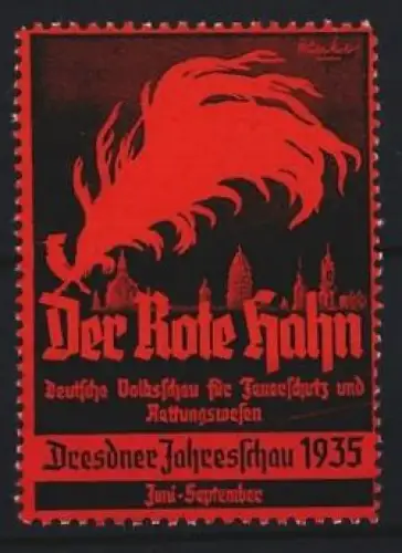 Reklamemarke Dresden, Der Rote Hahn, Ausstellung für Feuerschutz und Rettungswesen 1935, Roter Hahn vor dem Ort