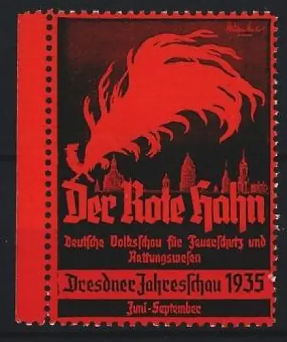 Reklamemarke Dresden, Der Rote Hahn, Ausstellung Feuerschutz und Rettungswesen 1935, Roter Hahn vor dem Ort