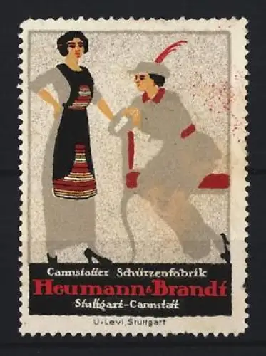 Reklamemarke Stuttgart-Cannstatt, Heumann & Brandt, Schürzenfabrik, sitzende Frau neben Frau mit Schürze