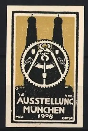 Reklamemarke München, Ausstellung für angewandte Kunst, Handwerk und Industrie 1908, Zahnrad und Türme