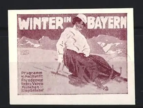 Reklamemarke München, Fremdenverkehrsverein am Hauptbahnhof, Winter in Bayern, Frau beim Rodeln