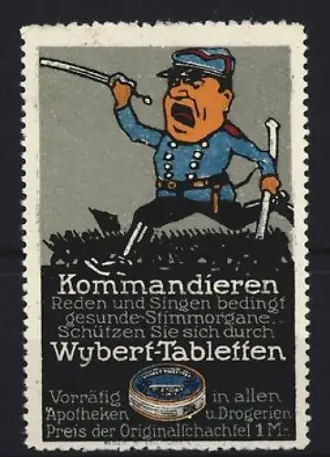Reklamemarke Wybert-Tabletten, Medikament für einen gesunden Hals, Soldat mit Schwert und Stock kommandiert