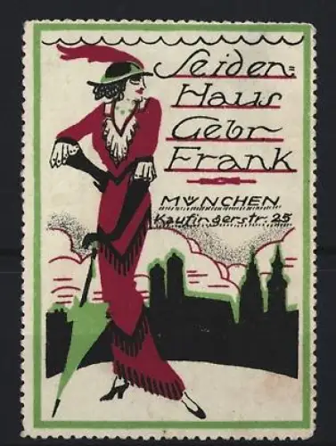 Reklamemarke München, Gebr. Frank, Seidenhaus, elegante Dame mit Schirm
