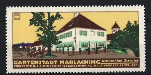 Künstler-Reklamemarke Ludwig Hohlwein, Harlaching, Gartenstadt am rechten Isarufer, Gebäude mit Pferdekutsche