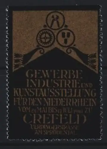 Reklamemarke Crefeld, Gewerbe-, Industrie- und Kunstausstellung für den Niederrhein 1906, Zahnrad und Zirkel