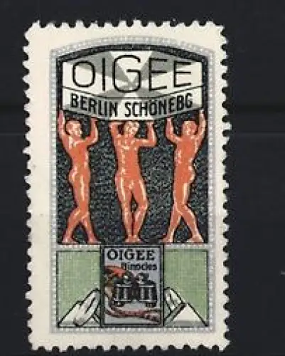 Reklamemarke Berlin-Schöneberg, Optische Industriegesellschaft Oigee, Ferngläser, Drei Figuren als tragendes Symbol
