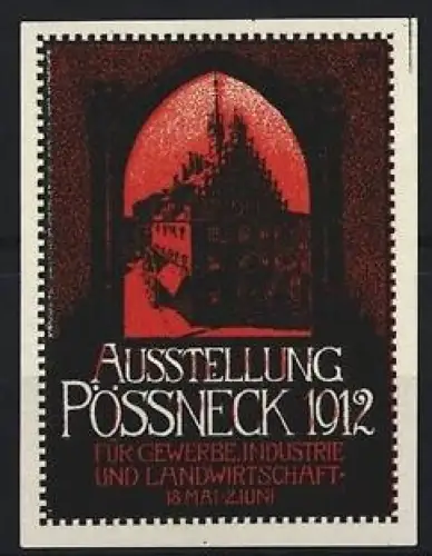 Reklamemarke Pössneck, Ausstellung für Gewerbe, Industrie und Landwirtschaft 1912, Stadtsilhouette