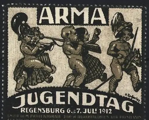 Künstler-Reklamemarke Zacharias: Regensburg, Jugendtag 6.-7. Juli 1912, tanzende Figuren mit Instrumenten