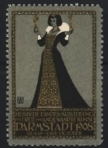Reklamemarke Darmstadt, Hessische Landesausstellung für freie und angewandte Kunst 1908, Frau in traditionellem Kleid