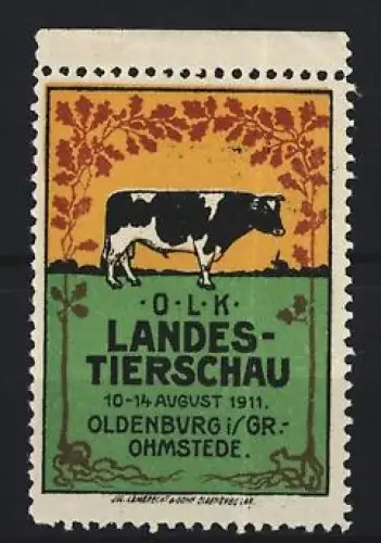 Reklamemarke Oldenburg, Landes-Tierschau 1911, Kuh auf einer Wiese