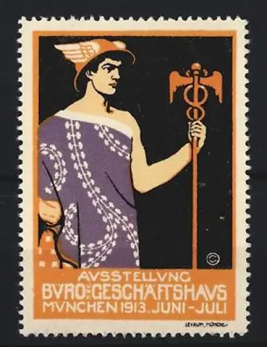 Reklamemarke München, Ausstellung Büro-Geschäftshaus 1913, Hermes mit Stab