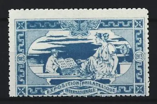 Reklamemarke Paris, Exposition Philatélique Internationale 1913, Frau mit Kind und Briefmarkenalbum, blau