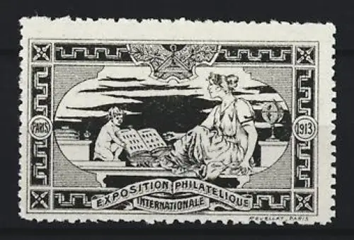 Reklamemarke Paris, Exposition Philatélique Internationale 1913, Frau mit Kind und Globus, schwarz