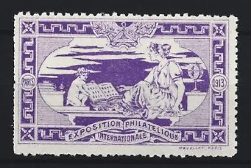 Reklamemarke Paris, Exposition Philatélique Internationale 1913, sitzende Frau mit Kind und Briefmarkenalbum, lila