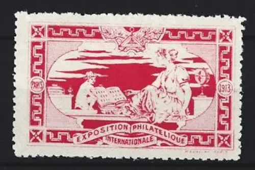 Reklamemarke Paris, Exposition Philatélique Internationale 1913, Frau mit Globus und Buch, rot