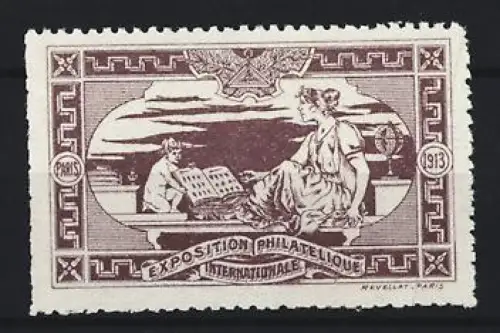 Reklamemarke Paris, Exposition Philatélique Internationale 1913, Frau mit Buch und Globus, grau