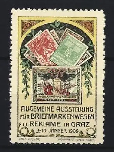Reklamemarke Graz, Allgemeine Ausstellung für Briefmarkenwesen 1909, Briefmarken und Adler