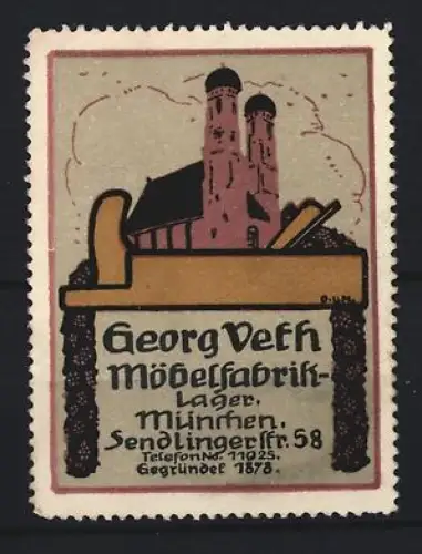 Reklamemarke München, Georg Veth Möbelfabrik, Sendlingerstrasse 58, Frauenkirche und Hobelbank