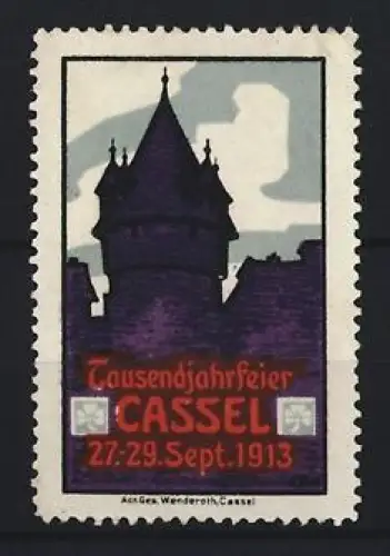 Reklamemarke Cassel, Tausendjahrfeier 27.-29. Sept. 1913, Turm und Wolkenhimmel