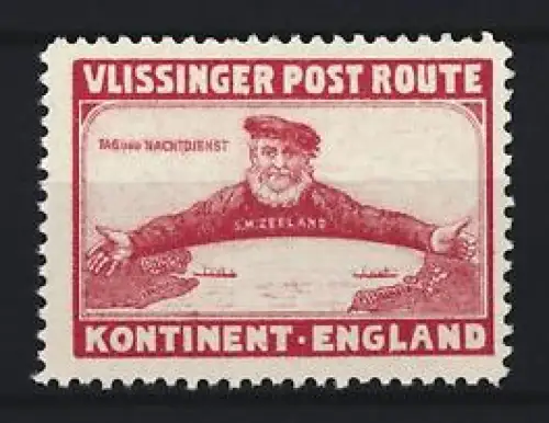 Reklamemarke Vlissingen, Post Route Kontinent-England, Seemann mit ausgestreckten Armen, rot