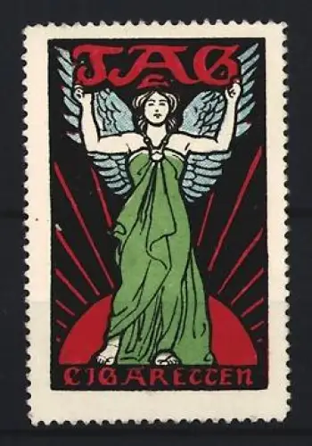 Reklamemarke JAG Cigaretten, Tabakwaren und Zigaretten, Engel vor aufgehender Sonne