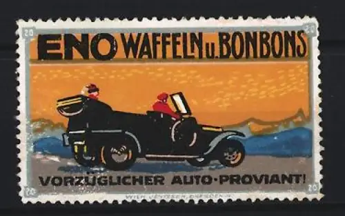 Reklamemarke ENO, Waffeln u. Bonbons, Vorzüglicher Auto-Proviant, Auto mit Fahrer
