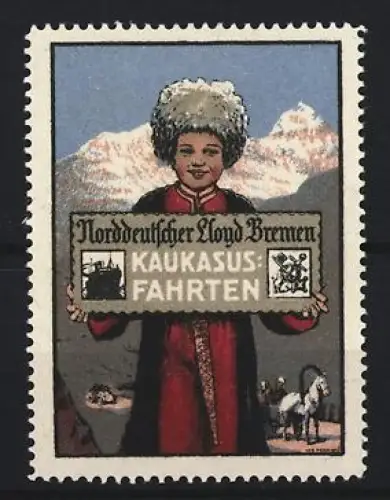Reklamemarke Bremen, Norddeutscher Lloyd Bremen, Kaukasus-Fahrten, Person mit Fellmütze