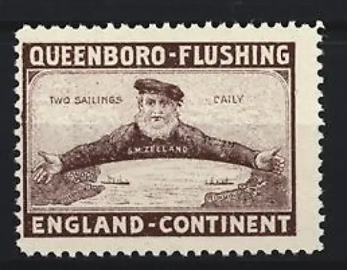 Reklamemarke S. M. Zeeland, Schifffahrten Queenboro-Flushing, Two Sailings Daily, Seemann mit Ärmelkanal
